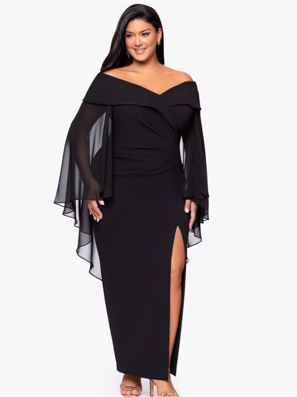 Xscape Black Off-The-Shoulder Cape Dress